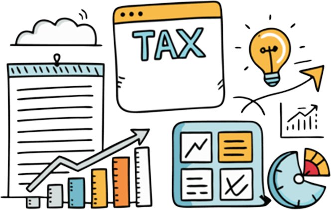 Accounting and tax consulting illustration with charts and financial documents